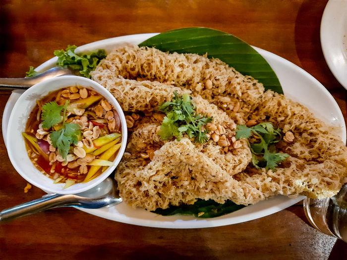 High angle view of food in plate on table