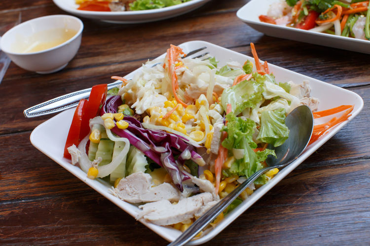 High angle view of food served on table