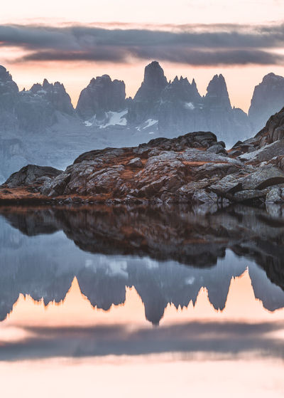 Reflection of mountains in lake during sunset