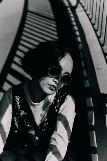 High angle view of woman wearing sunglasses