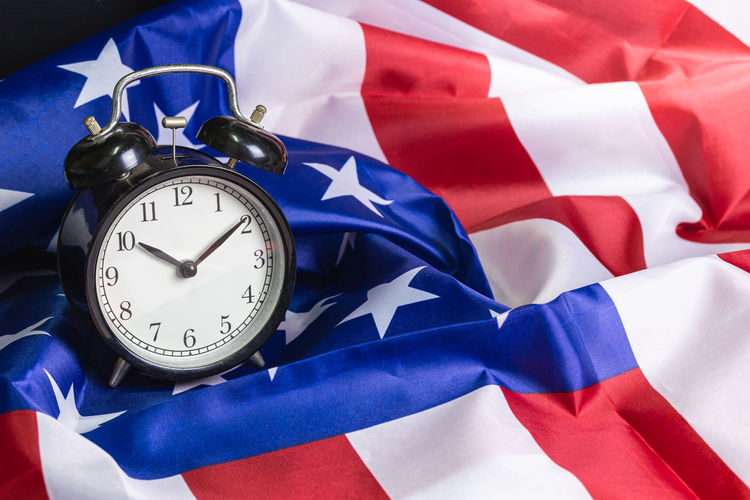 Close-up of clock against blue wall