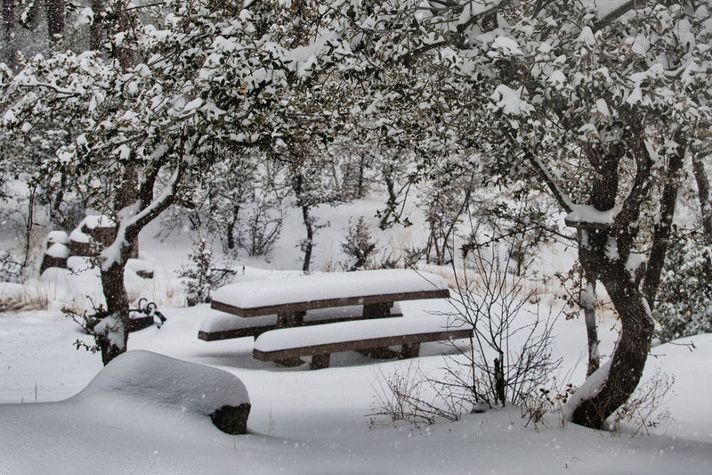 A picnic table after a heavy snowfall