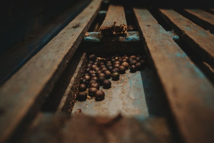 High angle view of roasted coffee beans on table