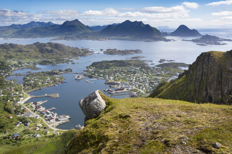 Looking from nonstinden mountain down to ballstad, vestvågøya island, lofoten islands, norway