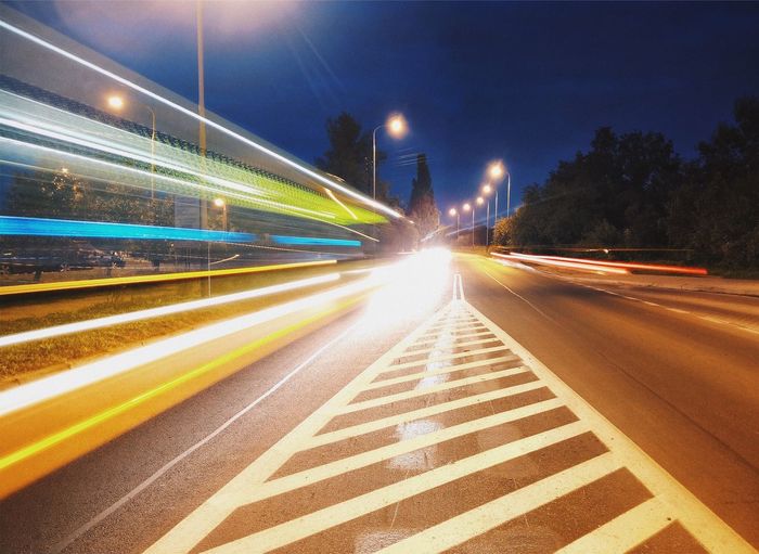 Light trails on road at night