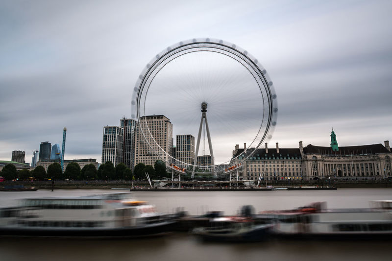 London cityscape by the river thames with the millennium wheel on a grey rainy summer day. 