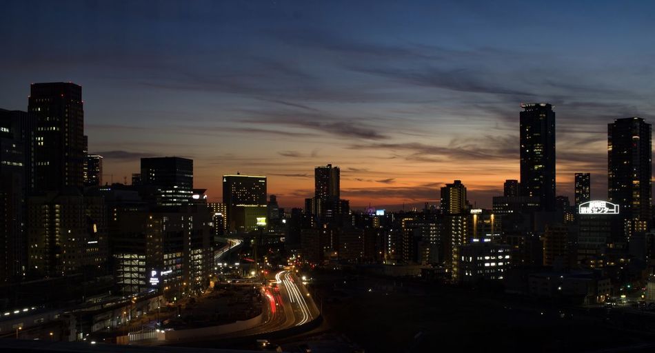 Sunset over osaka city, japan.