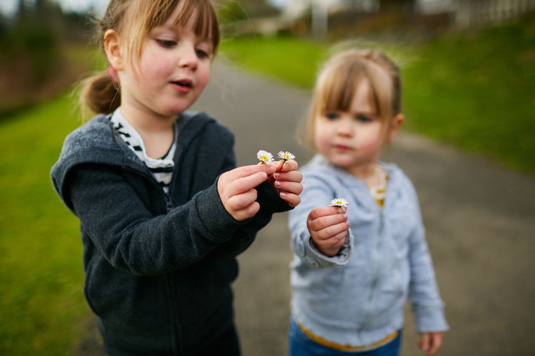 Siblings holding flowers while standing at park