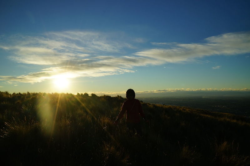 Rear view of silhouette person standing on field against sky