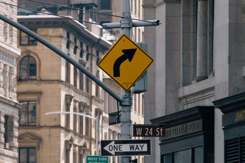 Low angle view of road sign on building
