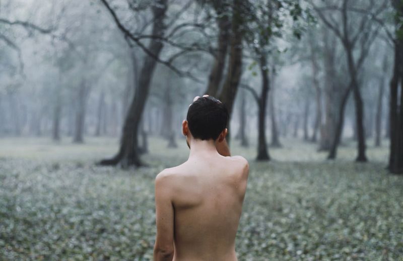 Rear view of shirtless man standing on field in forest during rainy season