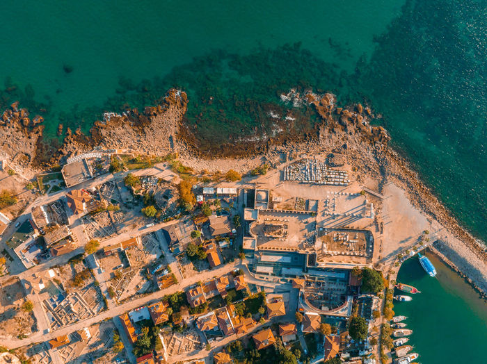 High angle view of buildings in sea