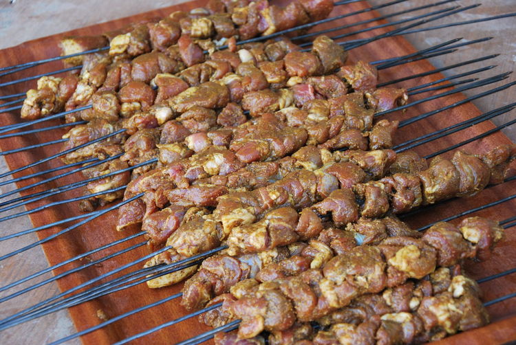 High angle view of pinchos morunos in tray