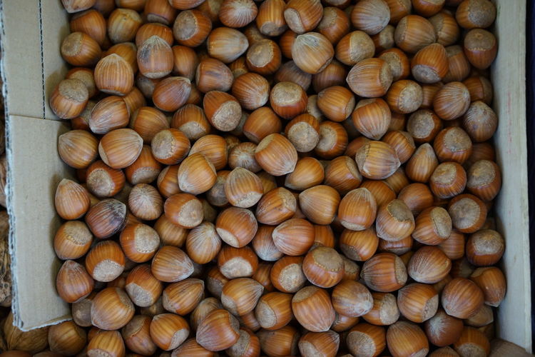 Directly above shot of hazelnuts in box for sale