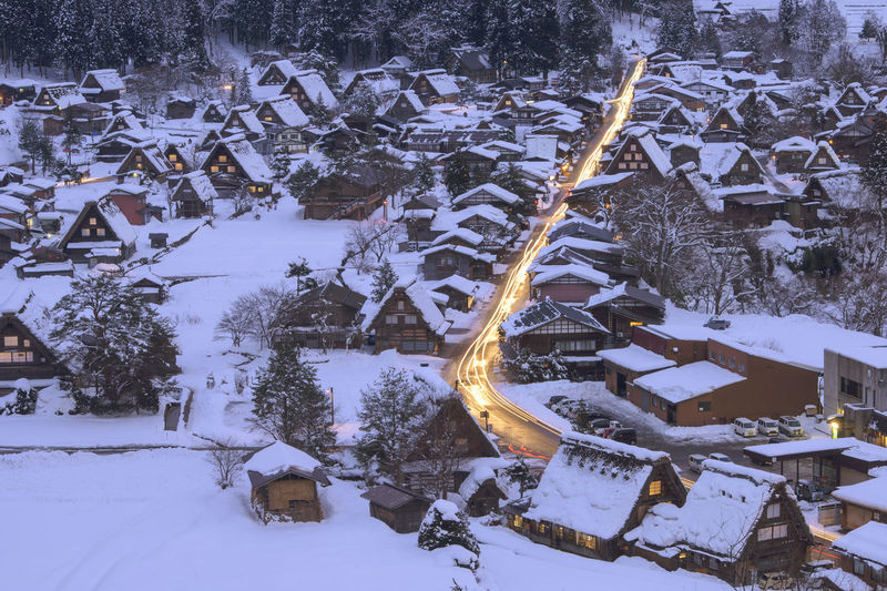 High angle view of snow covered trees and buildings