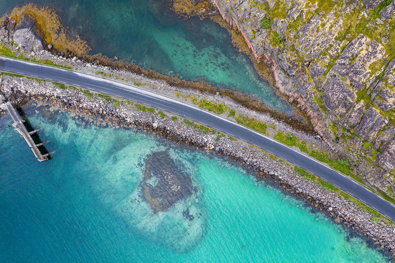 Aerial view of sea and road