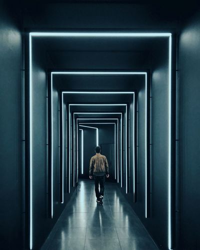 Not who but when. Shotoniphonex ShotOnIphone IPhoneography Lighting Equipment Nightphotography Backsfeel Neon Lights vanishing point Minimal Rear View Indoors One Person The Way Forward Corridor Walking Real People Illuminated Architecture Colour Your Horizn Inner Power Adventures In The City #FREIHEITBERLIN The Street Photographer - 2018 EyeEm Awards The Fashion Photographer - 2018 EyeEm Awards HUAWEI Photo Award: After Dark A New Beginning Capture Tomorrow 2018 In One Photograph 17.62°