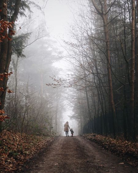 Rear view of mother and daughter on road amidst trees at forest