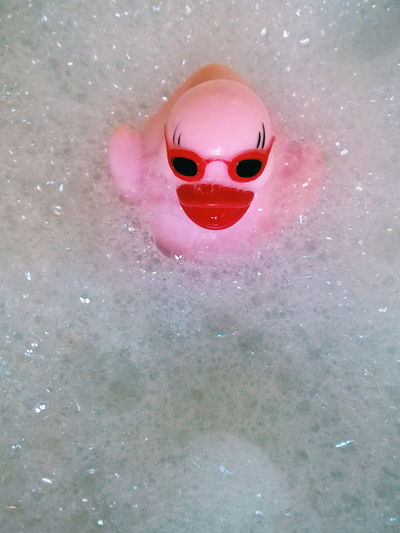 High angle view of rubber duck in bathtub
