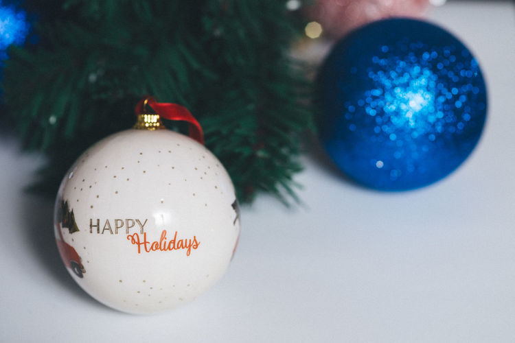 Close-up of christmas ornaments on tree