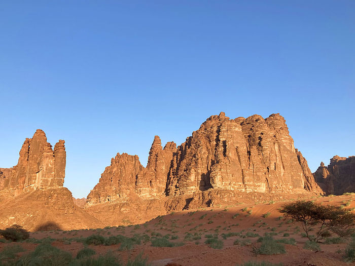 Rock formations on mountain at the unesco heritage site from kingdom of saudia arabia