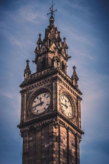 Close up of albert memorial clock tower situated at queen's square in belfast