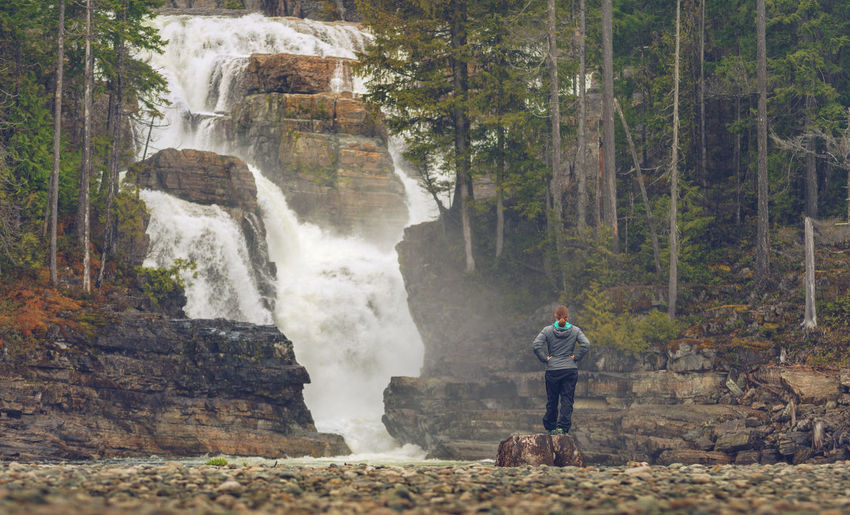 Rear view of woman looking at waterfall while standing in forest