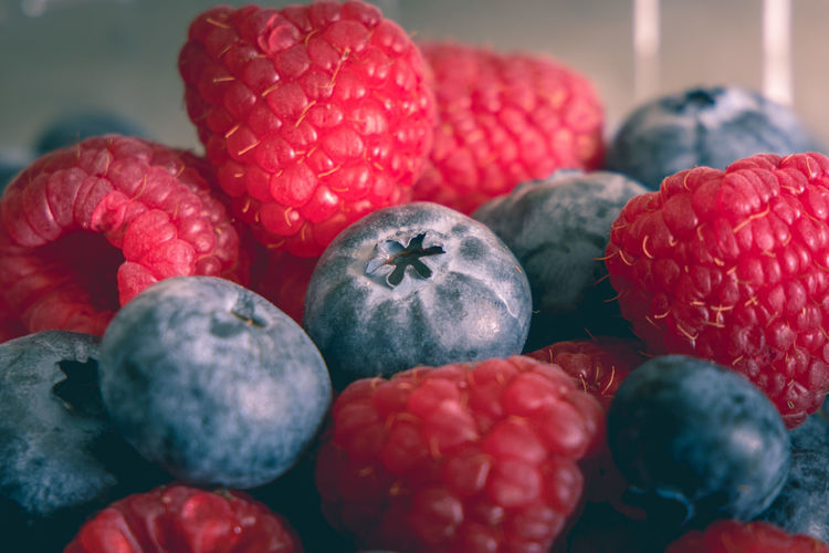 Close-up of  raspberries and blueberries 