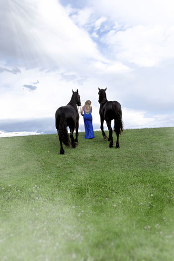 Girl with black horses on field against sky
