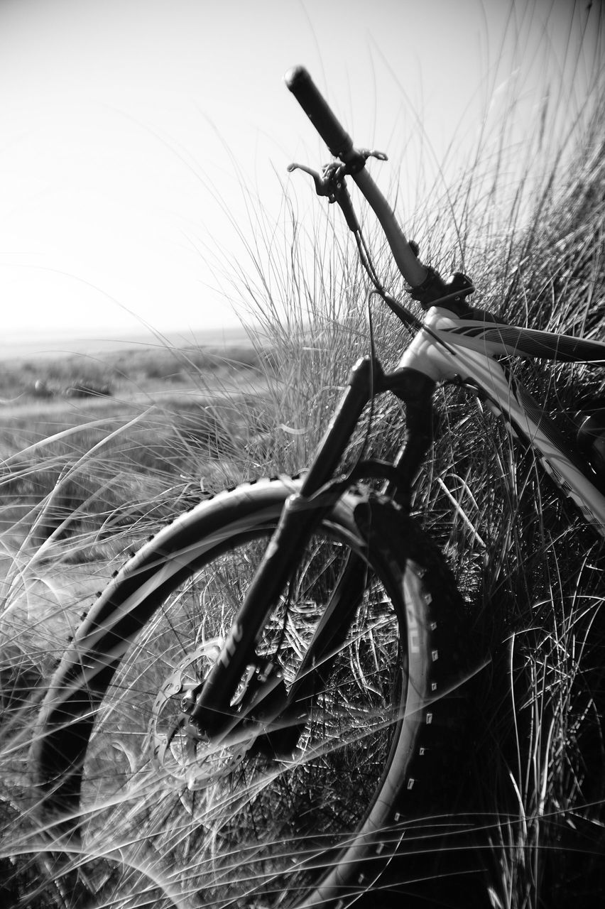 CLOSE-UP OF BICYCLE ON AGRICULTURAL FIELD