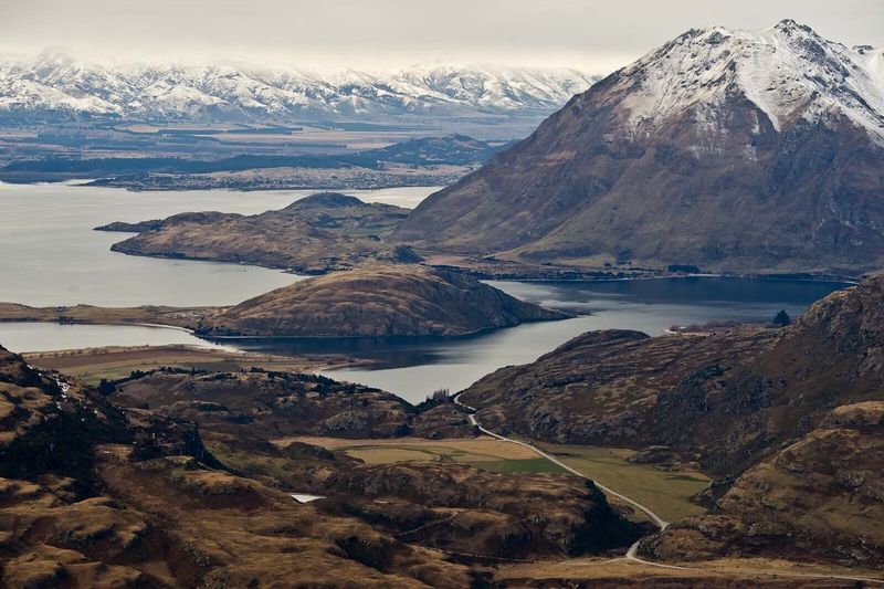 View of lake with mountain range in the background