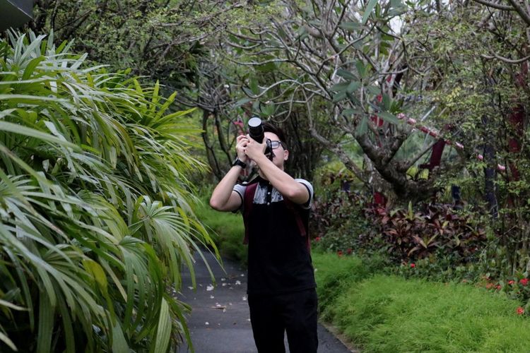 Man standing on footpath by plants photographing in gardens by the bay