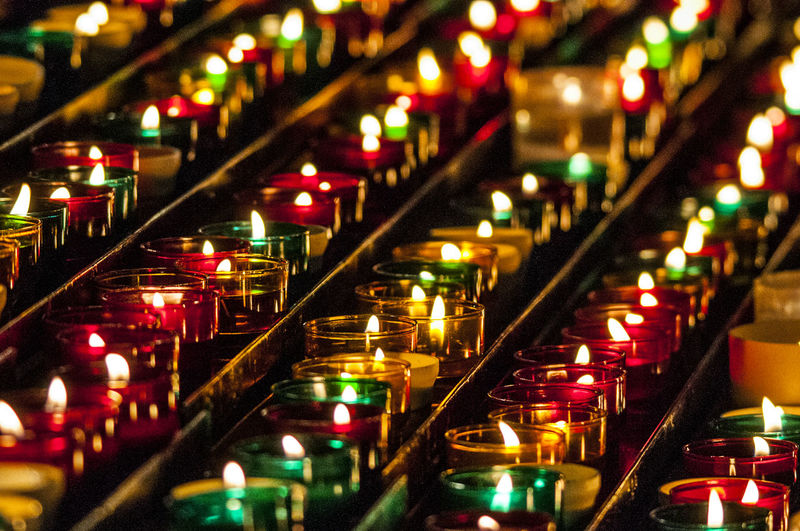 Close-up of illuminated christmas lights at temple