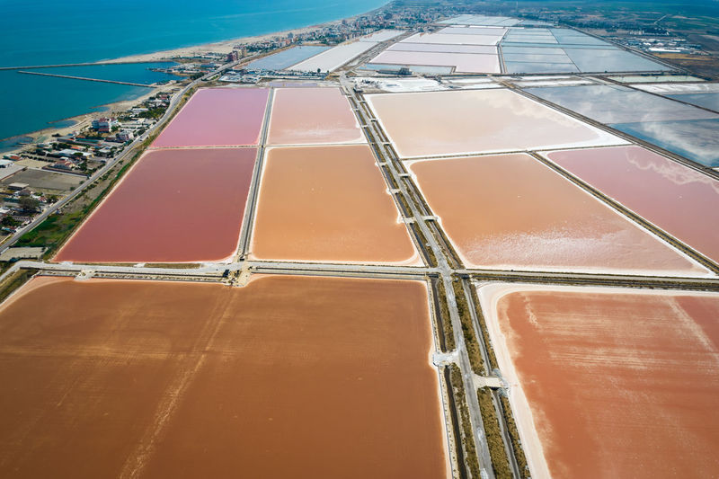 Aerial view of the salt pan in margherita di savoia, unesco heritage from above, apulia
