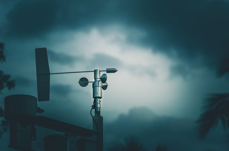 Cup anemometer is instrument used to measure wind speed and blue sky background.
