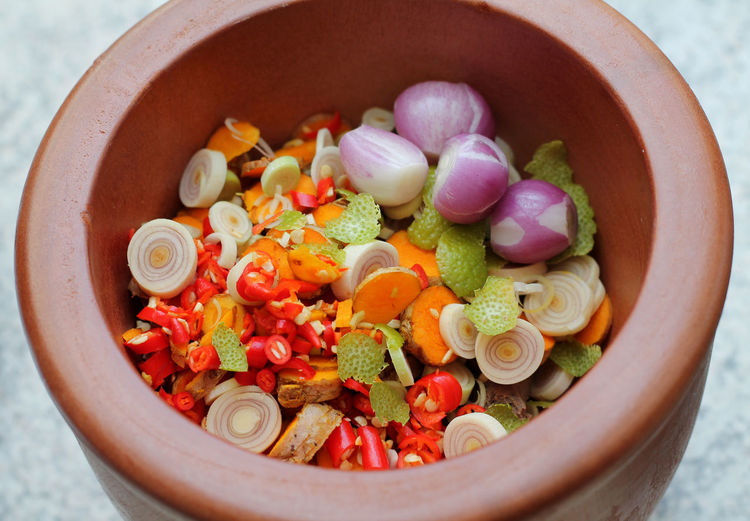 High angle view of vegetables in bowl