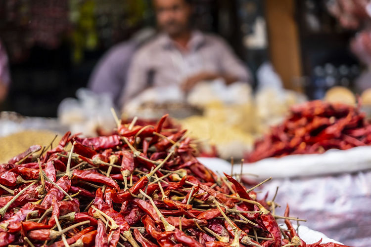 Close-up of red chili pepper for sale in market