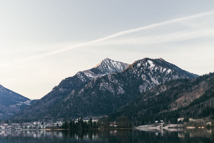 Scenic view of lake and mountains against sky