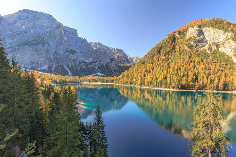Scenic view of lake and mountains against sky