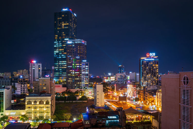 Brilliant buildings in ho chi minh city center at night