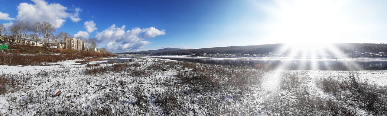 Panoramic view of snowcapped mountains against sky