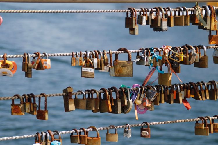 Close-up of padlocks on railing against river
