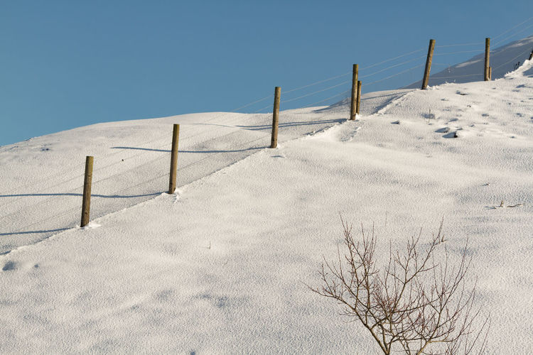 Fence on snow covered land against clear sky