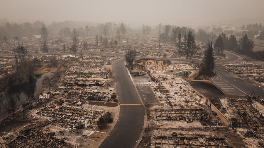 Aerial view of destroyed trailer park after the almeda wildfire in southern oregon talent phoenix 