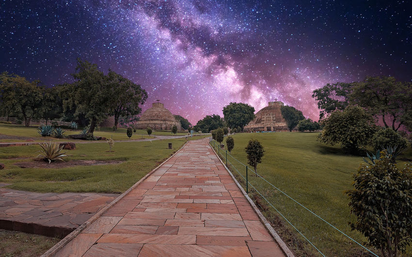 Footpath amidst trees against sky at night