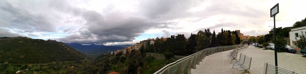 Panoramic view of city against cloudy sky