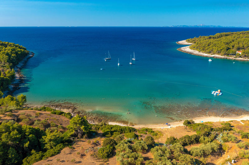 Aerial view of the bay with sailing boats on korcula island, adriatic sea, croatia