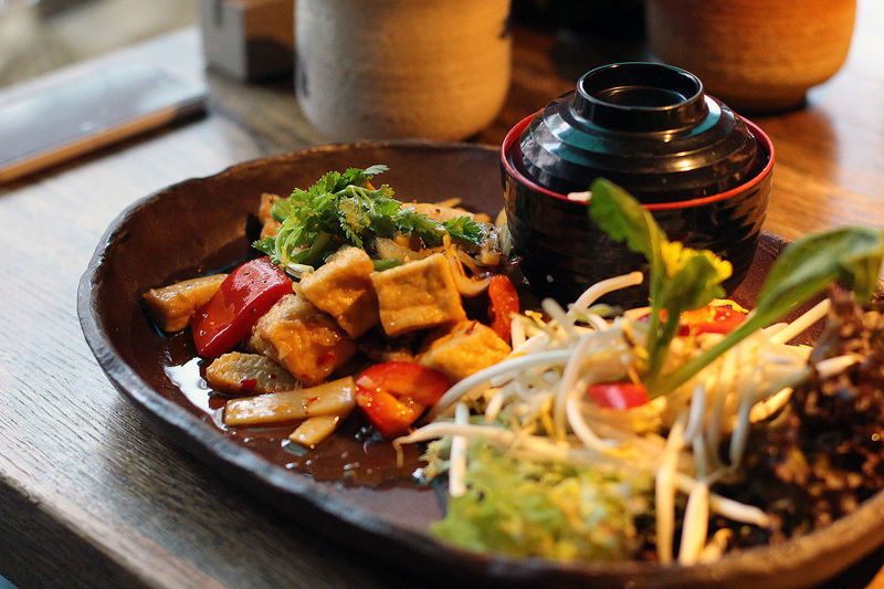 Close-up view of fresh asian style tofu dish