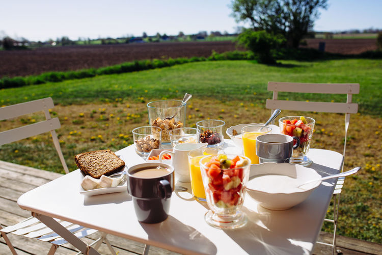 View of breakfast on table.