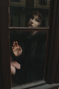 Portrait of a doll looking through window 